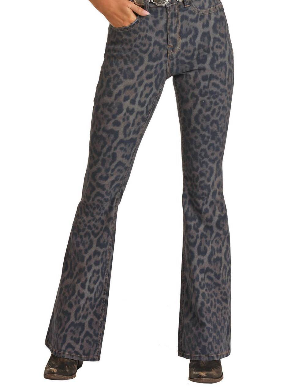 NEW ROCK & ROLL DENIM women's extra stretch flare jeans in cheetah print